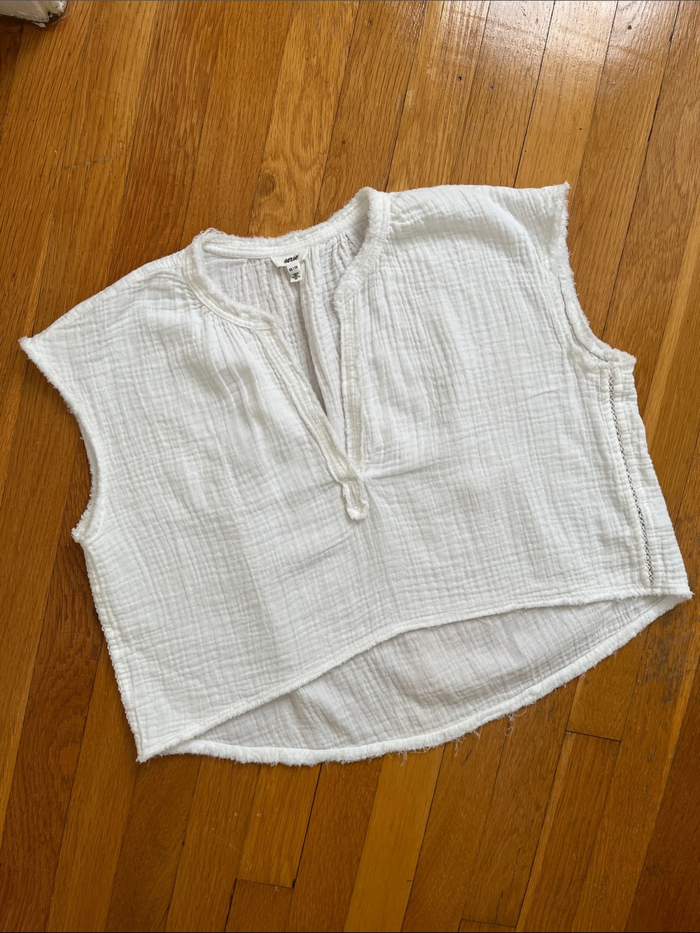 Aerie XS Pool to Party 100% Cotton Gauze Textured White Crop Top Oversized Shirt - Picture 6 of 12